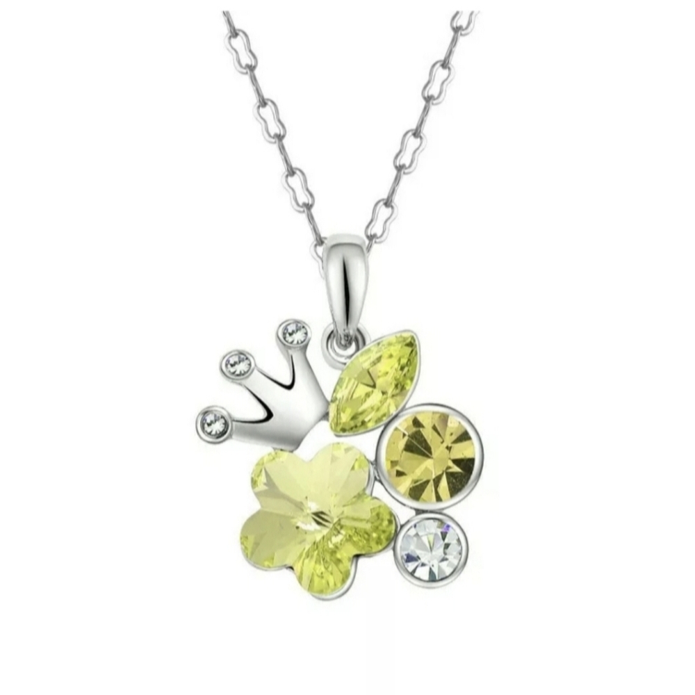 *Sale* New Crown Charm Yellow Crystal Cubic Zirconia Pendant Silver Necklace.